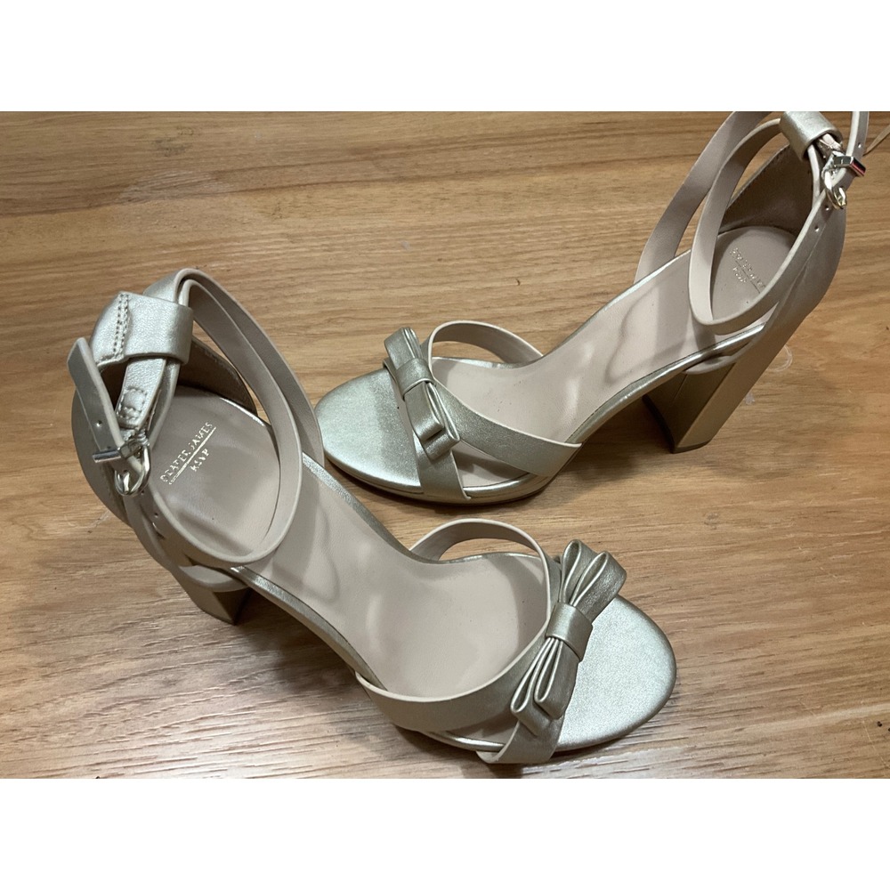 Draper James RSVP Champagne Gold Bow Block Heel Sandals Womens 8.5 Ankle Strap